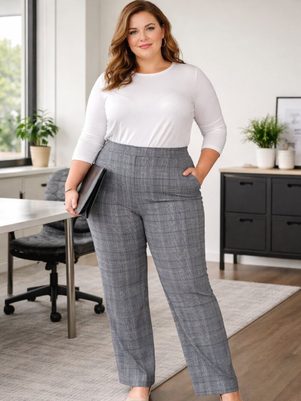 George 3XL Plus Neutral, beige, black with subtle red Glen Plaid Trousers